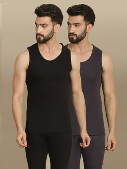 Aerowarm - Men's Cotton Charcoal and Black Sleeveless Thermal Tops (Pack of 2)