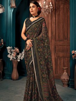 Odette - Womens Black Cotton Printed Saree with Unstitched Blouse