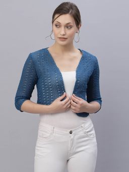 Style Quotient - Women Blue cotton self design lace crop open front shrug