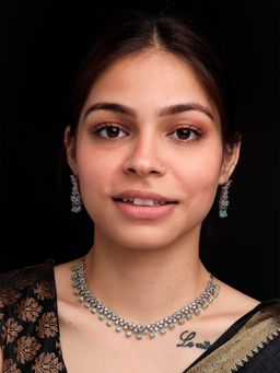 STILEADDA - Silver Plated Turquoise Cubic Zirconia Statement Necklace Set