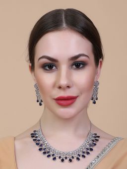 STILEADDA - Silver Plated Blue Ad and Cz Studded Flower Motif Necklace Set