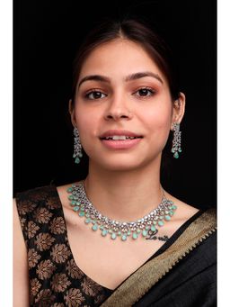 STILEADDA - Silver Plated Turquoise Ad and Cz Studded Flower Motif Necklace Set