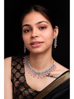 STILEADDA - Silver Plated Pink Ad and Cz Studded Flower Motif Necklace Set