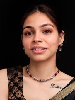 STILEADDA - Exquisite Red Flower Motif Cz Sleek Necklace Set