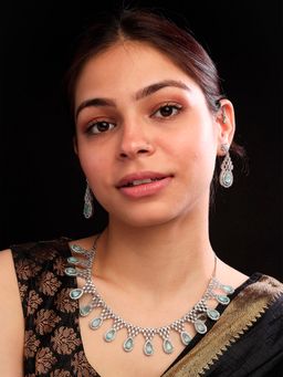 STILEADDA - Turquoise Ad-Cz Tear Drop Statement Necklace Set