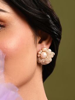 House of D'oro - Gold Plated Round Flower Pearl Earrings Peach Crystal