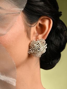 House of D'oro - Silver Plated White Floral Stone Earrings