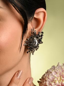 House of D'oro - Modern Black and Silver Plated Stone Stud Earrings