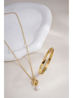 Palmonas - Dazzling Stone Bangle Bracelet and Dainty Beaded Pearl Chain Combo Set