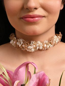 House of D'oro - Gold Plated White Pearl Peach Stone Modern Choker