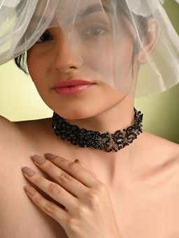 House of D'oro - Jet Black Stone Crytal Silver Plated Cocktail Choker Necklace
