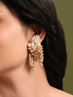 House of D'oro - Long White Pearl with Peach Stone Gold Plated Earrings