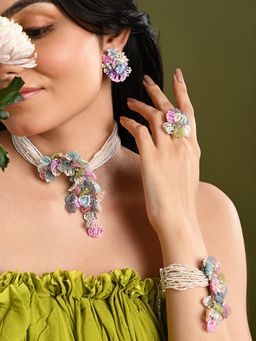 House of D'oro - Pearl Necklace with Colourful Crystal Flower Bunch Jewellery Set