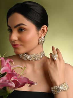 House of D'oro - White Pearl and Stone Butterfly Jewellery Set