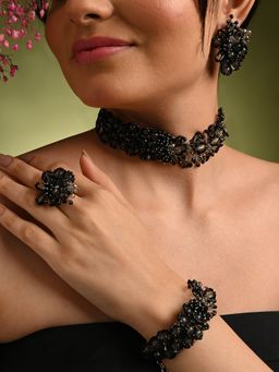 House of D'oro - Jet Black Stone Crytal Silver Plated Cocktail Jewellery Set
