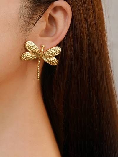 Gold-Plated Anti Tarnish Stainless Steel Dragonfly Themed Stud Earrings