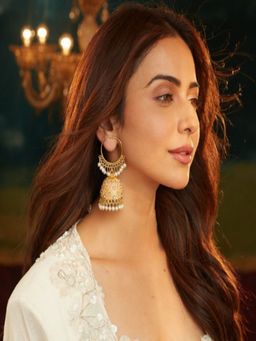 Accessher - Gold Hoop Jhumka Earrings with Peach Enamel and Stones