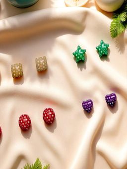 Accessher - Printed Shape Stud Earrings Set - Heart (Pack of 4)