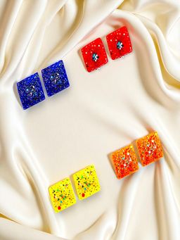 Accessher - Glitter Multicolour Square Stud Earrings (Pack of 4)