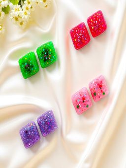 Accessher - Glitter Multicolour Square Stud Earrings (Pack of 4)