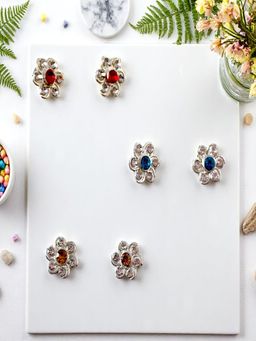 Accessher - Silver Floral Stud Earrings with Colourful Stones (Pack of 3)