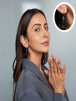 Accessher - Oxidised Silver Dome Drop Earrings with Black Beads