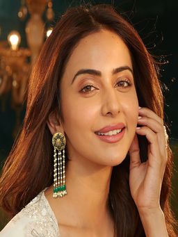 Accessher - Gold Tone Green Floral Dangler Earrings with Pearls