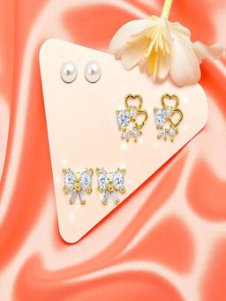 Accessher - Gold Bow Crystal Pearl Stud Earrings (Pack of 3)