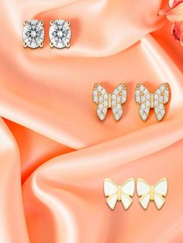 Accessher - Gold Butterfly Rhinestone Enamel Stud Earrings (Pack of 3)