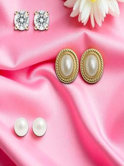 Accessher - Gold Oval Pearl Crystal Stud Earrings (Pack of 3)