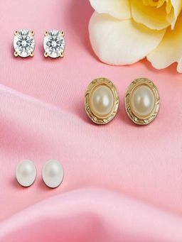 Accessher - Gold Round Pearl Crystal Stud (Pack of 3)