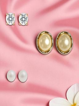 Accessher - Gold Pearl Crystal Stud Earrings (Pack of 3)