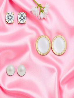 Accessher - Gold Plated Pearl and Crystal Stud Earrings (Pack of 3)
