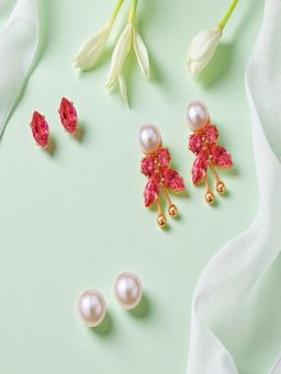 Accessher - Gold-Tone Pink Stud Earrings (Pack of 3)