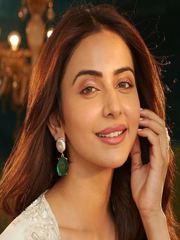 Accessher - Rose-Gold Plated Green Stone Faux Pearl Drop Earrings