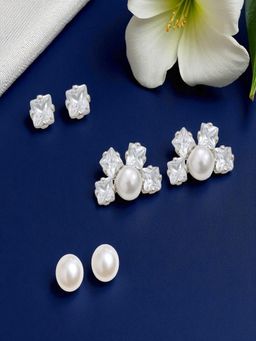 Accessher - Silver-Tone Pearl and Crystal Stud Earrings (Pack of 3)