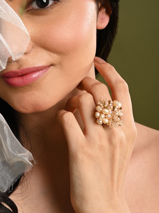 House of D'oro Peach Pearl and Crystal Gold Plated Ring For All Fingers
