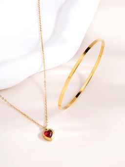 Palmonas - Red Emerald Heart Pendant Necklace and Flat Wire Bangle Bracelet Combo Set