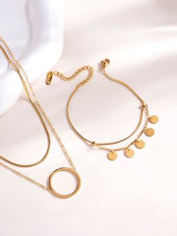 Palmonas - Circle Ring Double Layer Necklace and Tiny Plates Bracelet Combo Set