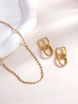 Palmonas - Gold Beaded Necklace and Double Rings Hoop Earrings Set