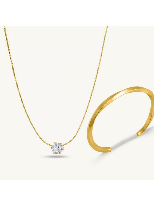 Palmonas 18K Gold Plated Delicate Stone Studded Necklace and Golden Hammerd Cuff Bracelet Set