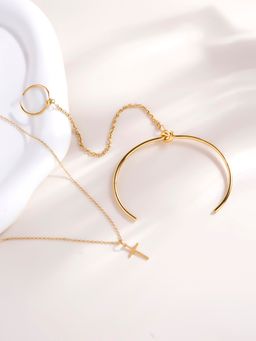 Palmonas - Golden Cross Necklace and Cuff Bracelet with Attached Ring