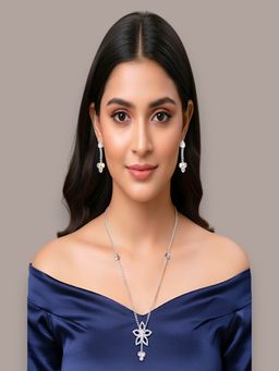 Accessher - Silver Plated American Diamond Floral Jewellery Set