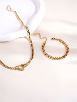 Palmonas - Chunky Small Bracelet and Cuban Chain Hollow Heart Necklace Combo Set
