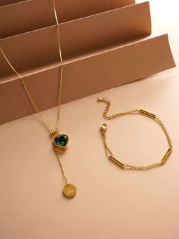 Palmonas - Bar Charm Bracelet and Emerald Love Necklace Combo Set