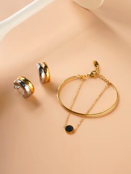 Palmonas - Golden Silver Chunky Hoop Earrings and Double Layer Stone Cuff Jewellery Set