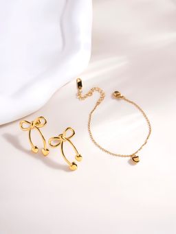 Palmonas - Unique Gold Bow and Heart Drop Earrings and Cute Heart Jewellery Set