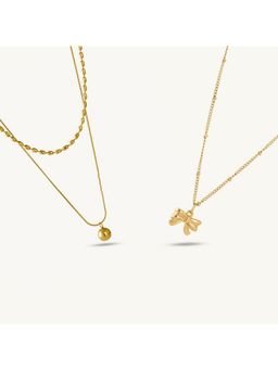 Palmonas - 18K Gold Plated Ribbon Pendant Necklace and Two-Layered Bead Necklace Set