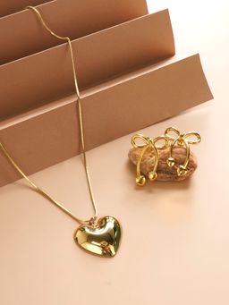 Palmonas - Golden Heart Charm Chain Necklace and Drop Earrings Set