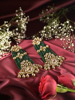 Swan Jewels - Vedi Wide Kundan Green Traditional Dangler Earrings